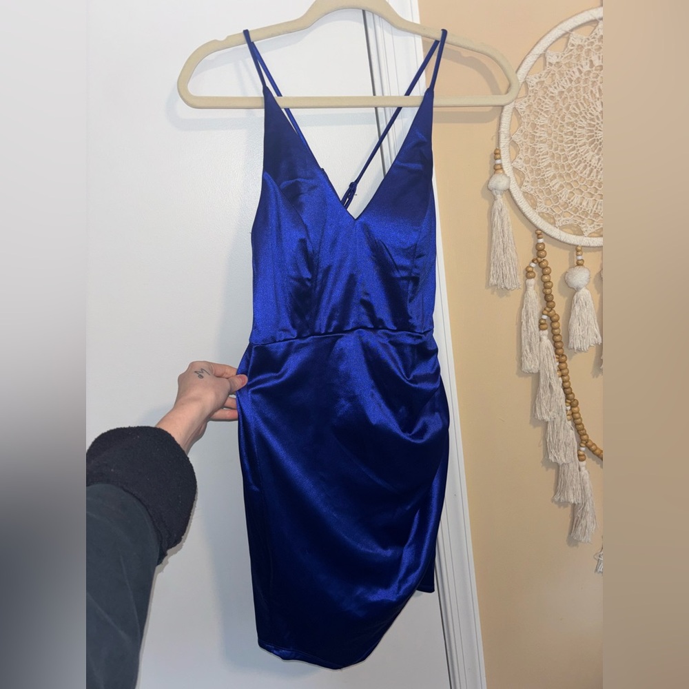 Blue satin V neck dress